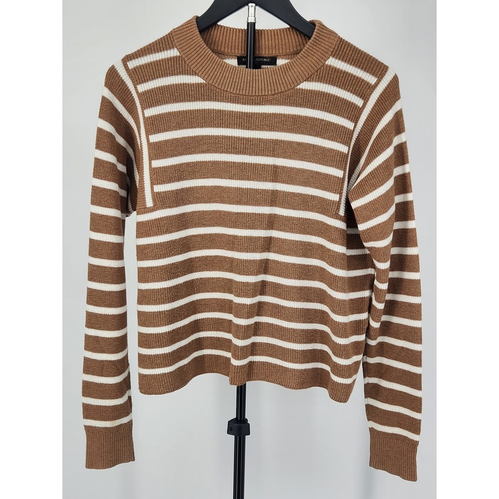 Banana Republic Brown White Striped Ribbed Crew Neck Sweater Long Sleeve Womens